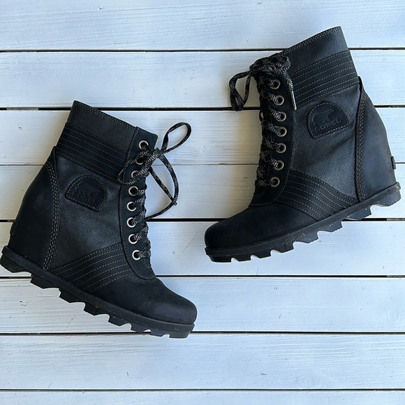 Sorel Lexie Wedge Boot Black Leather size 9 - Picture 2 of 11